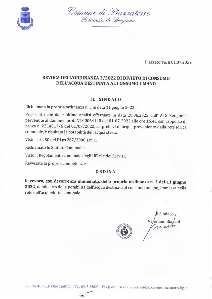 Immagine REVOCA ORDINANZA 3/2022 DI DIVIETO DI CONSUMO DELL'ACQUA DESTINATA A CONSUMO UMANO